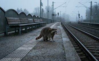 Waschbär steht im Morgengrauen allein auf einem leeren Bahnsteig