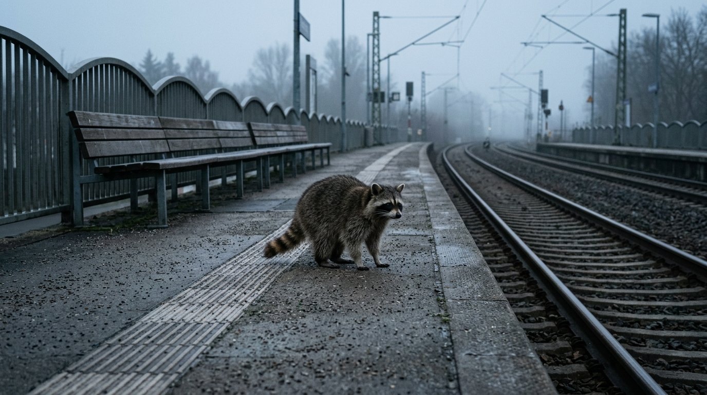 Musterung Wehrdienst Satire: Waschbär steht im Morgengrauen allein auf einem leeren Bahnsteig