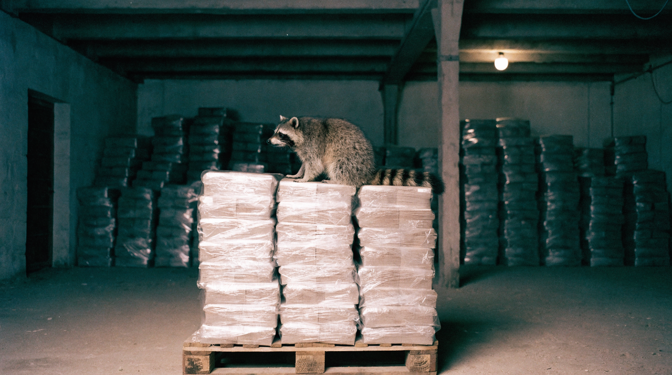 Nachhaltigkeitsbericht Satire: Waschbär sitzt auf einem hohen Stapel eingeschweißter gedruckter Berichte im Lagerraum