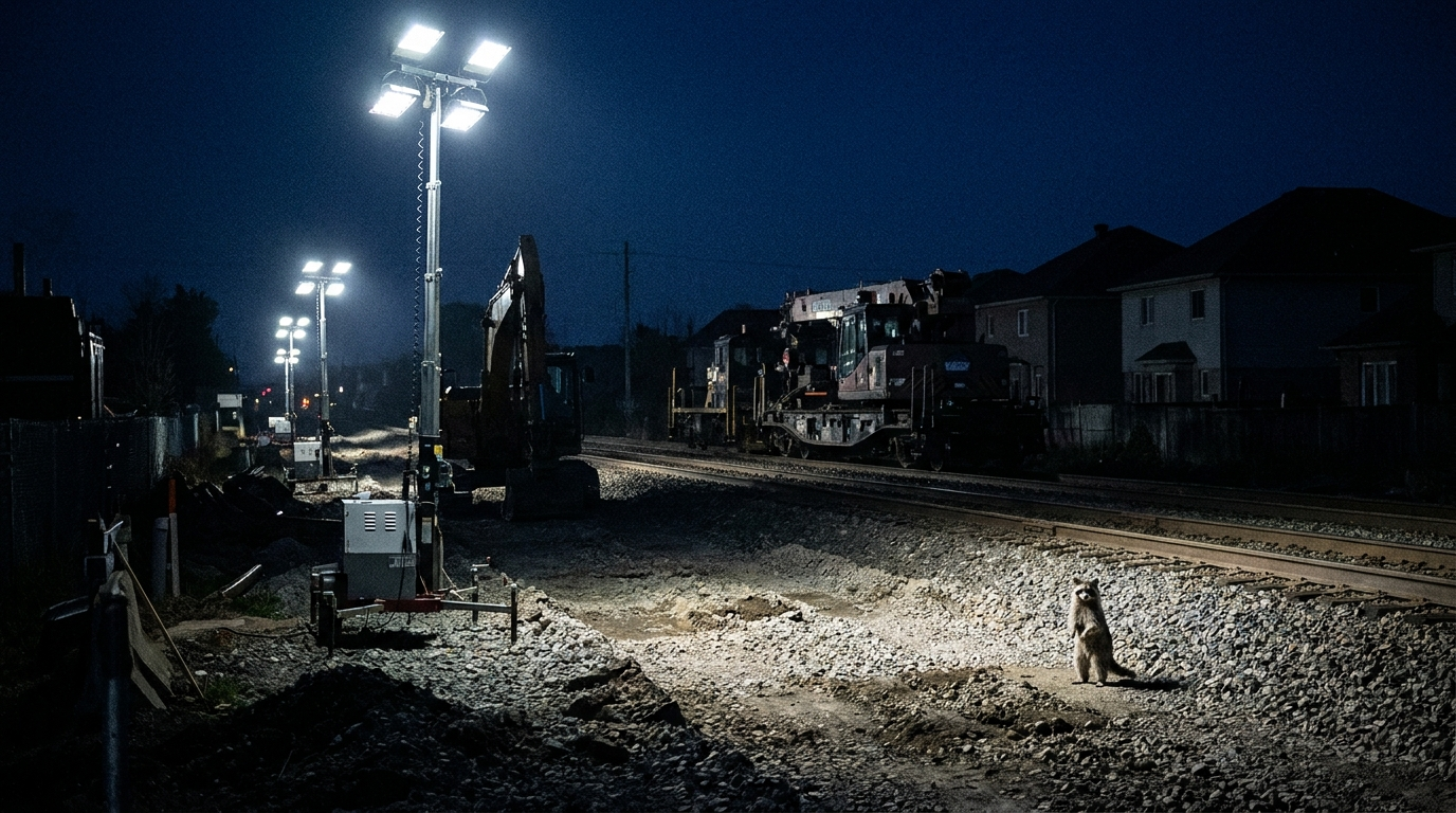 Nachtbaustelle Satire: Waschbär steht nachts neben einer beleuchteten Gleisbaustelle