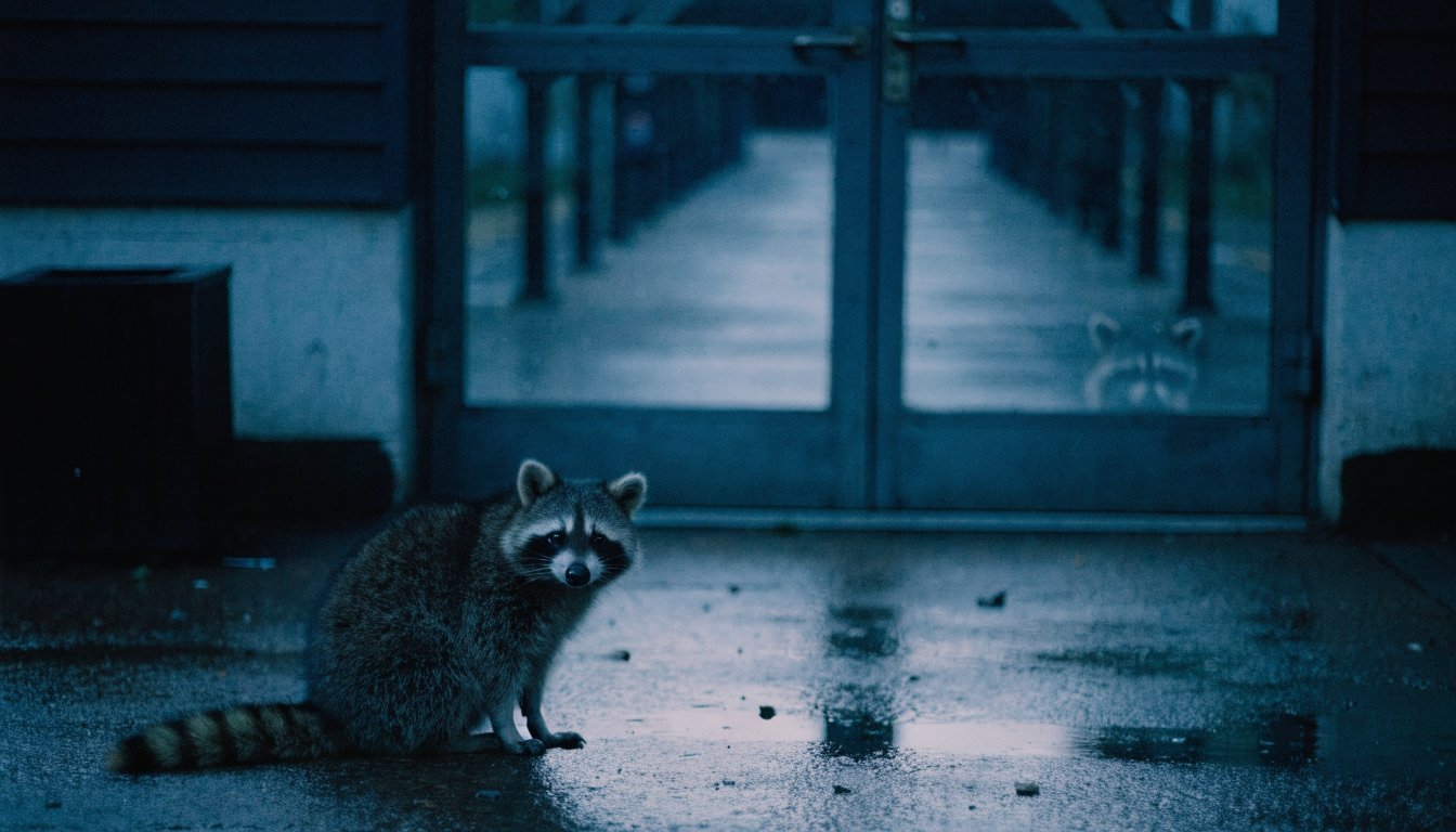 Nachtschließung Bahnhof Satire: Waschbär sitzt nachts vor der verschlossenen Glastür eines Empfangsgebäudes