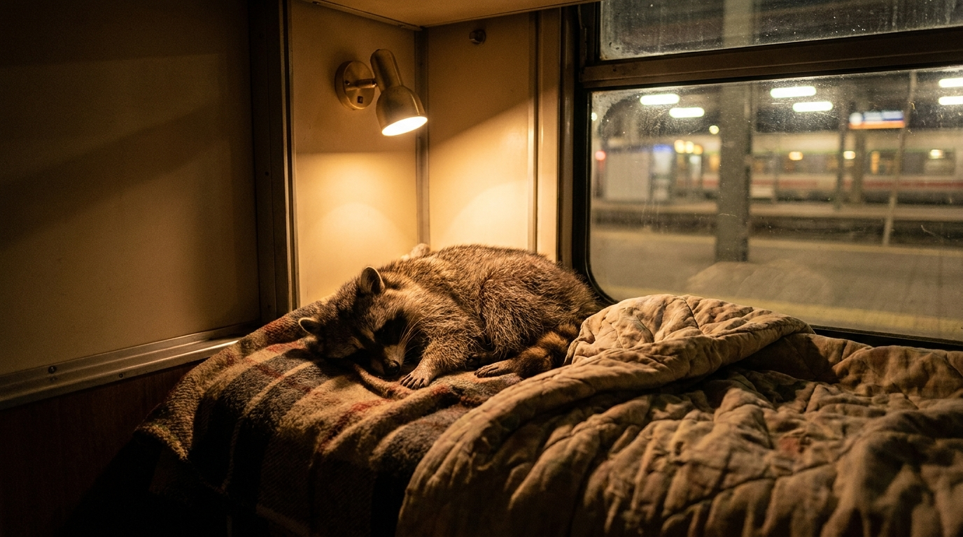 Nachtzug Satire: Waschbär liegt zusammengerollt in einer Schlafkoje im Nachtzug unter einer Decke
