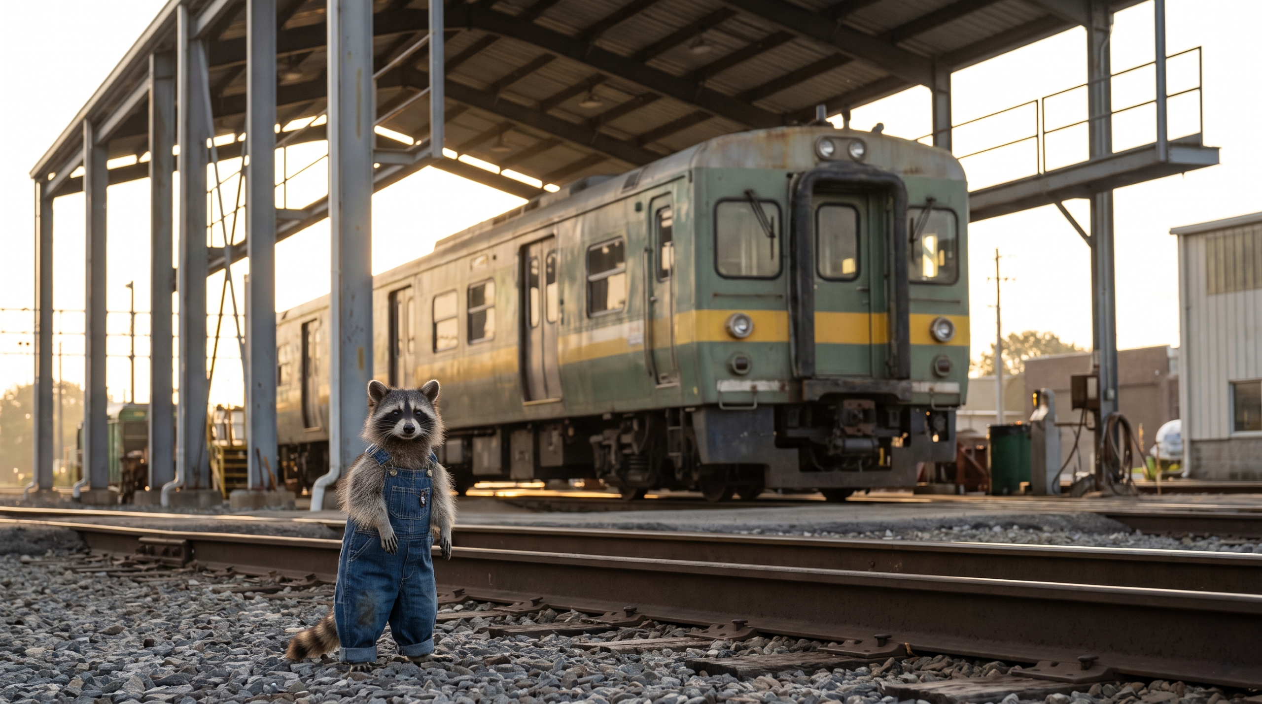 Nachwuchs Satire: Waschbär steht in Arbeitskleidung vor einem Triebwagen im Betriebshof