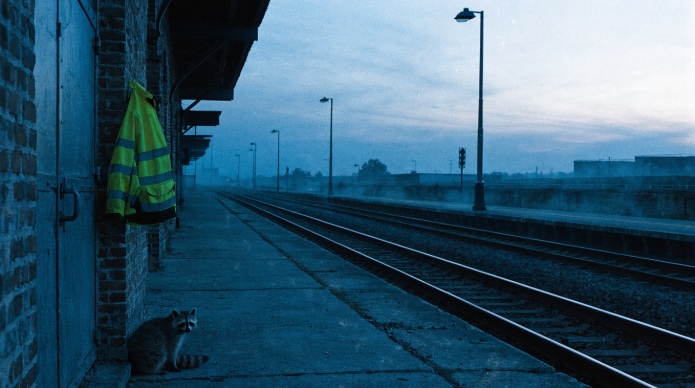 Nachwuchskampagne gestoppt Satire: Waschbär sitzt im Morgengrauen unter einer aufgehängten Warnschutzjacke am Bahnsteig