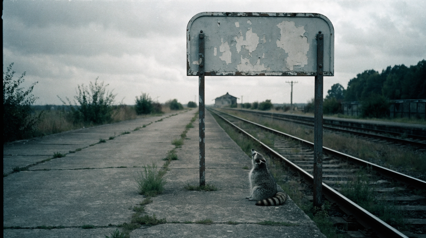 Namensrechte Bahnhof Satire: Waschbär sitzt auf dem Bahnsteig einer stillgelegten Station unter einem leeren Bahnhofsschild