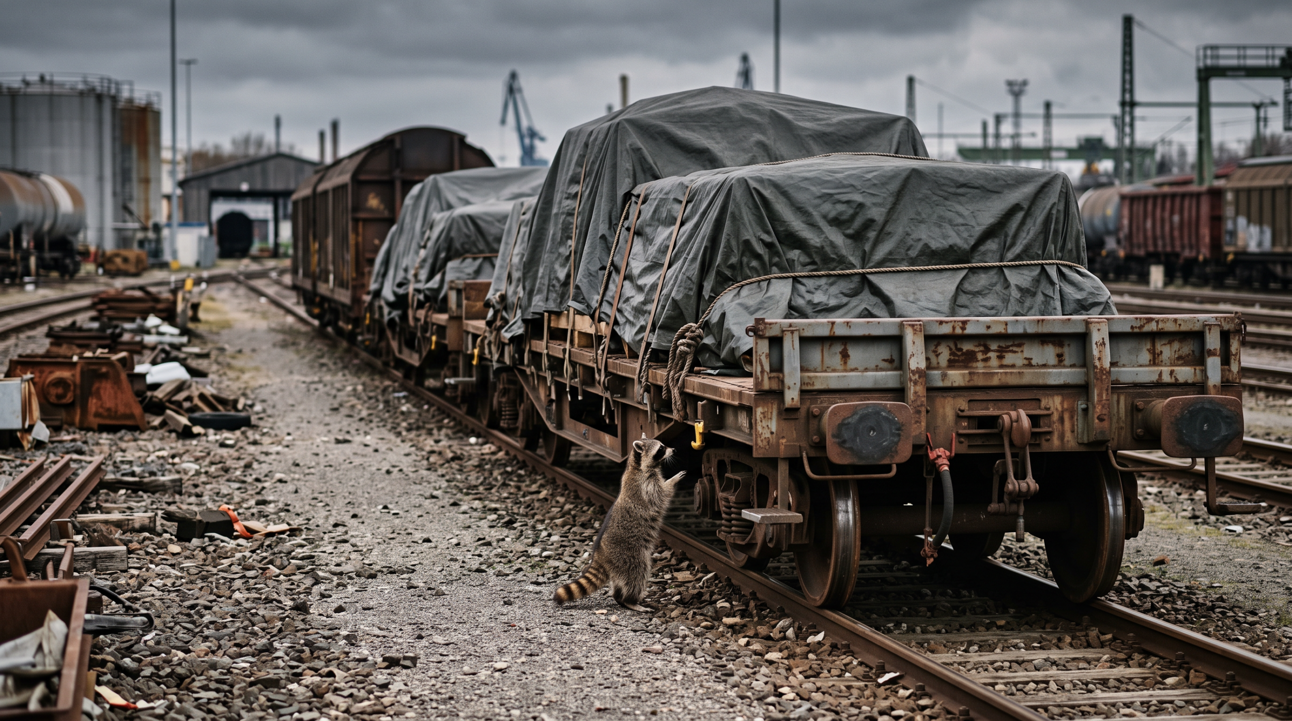 Militärtransport Satire: Waschbär steht neben Güterwagen mit abgedeckter Ladung auf einem Gleis