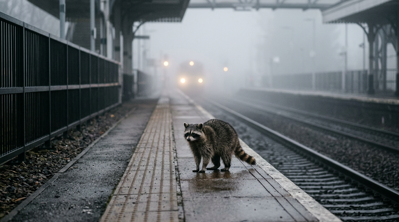 Nebel Satire: Waschbär steht auf einem nebligen Bahnsteig, im Hintergrund verschwimmen Lichter