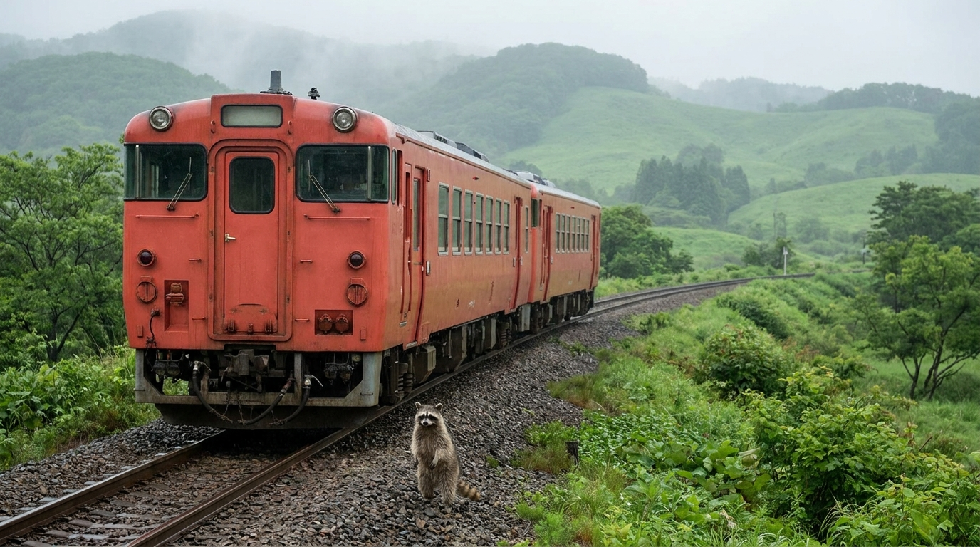 Neigetechnik Satire: Waschbär steht neben einem roten Regionalzug in einer hügeligen Landschaft