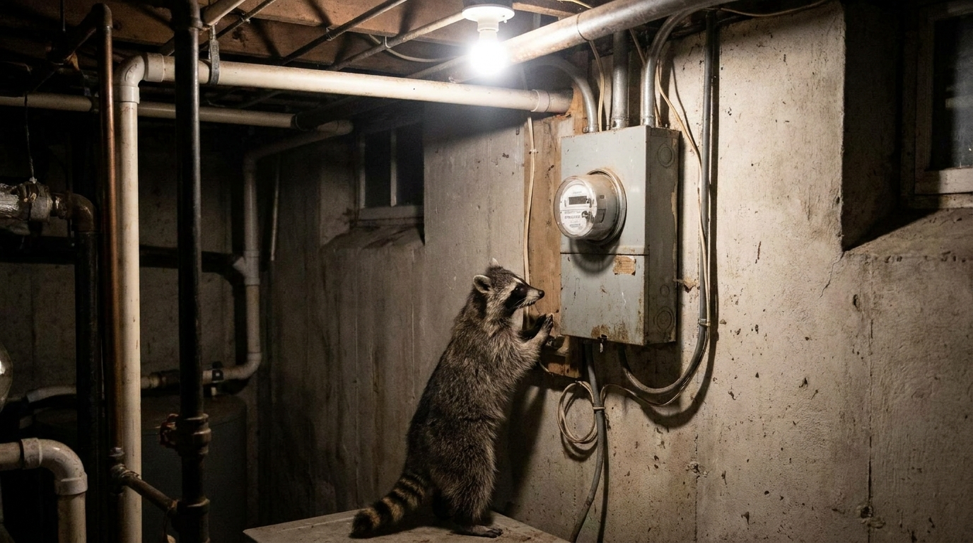 Netzentgelt Satire: Waschbär steht vor einem Stromzähler in einem Kellerraum