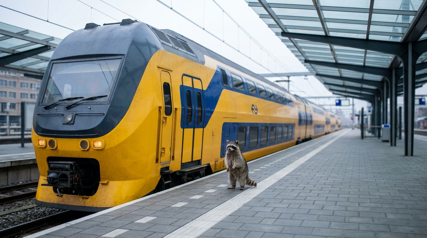 Niederlande Satire: Waschbär steht auf einem modernen Bahnsteig mit gelben Zügen