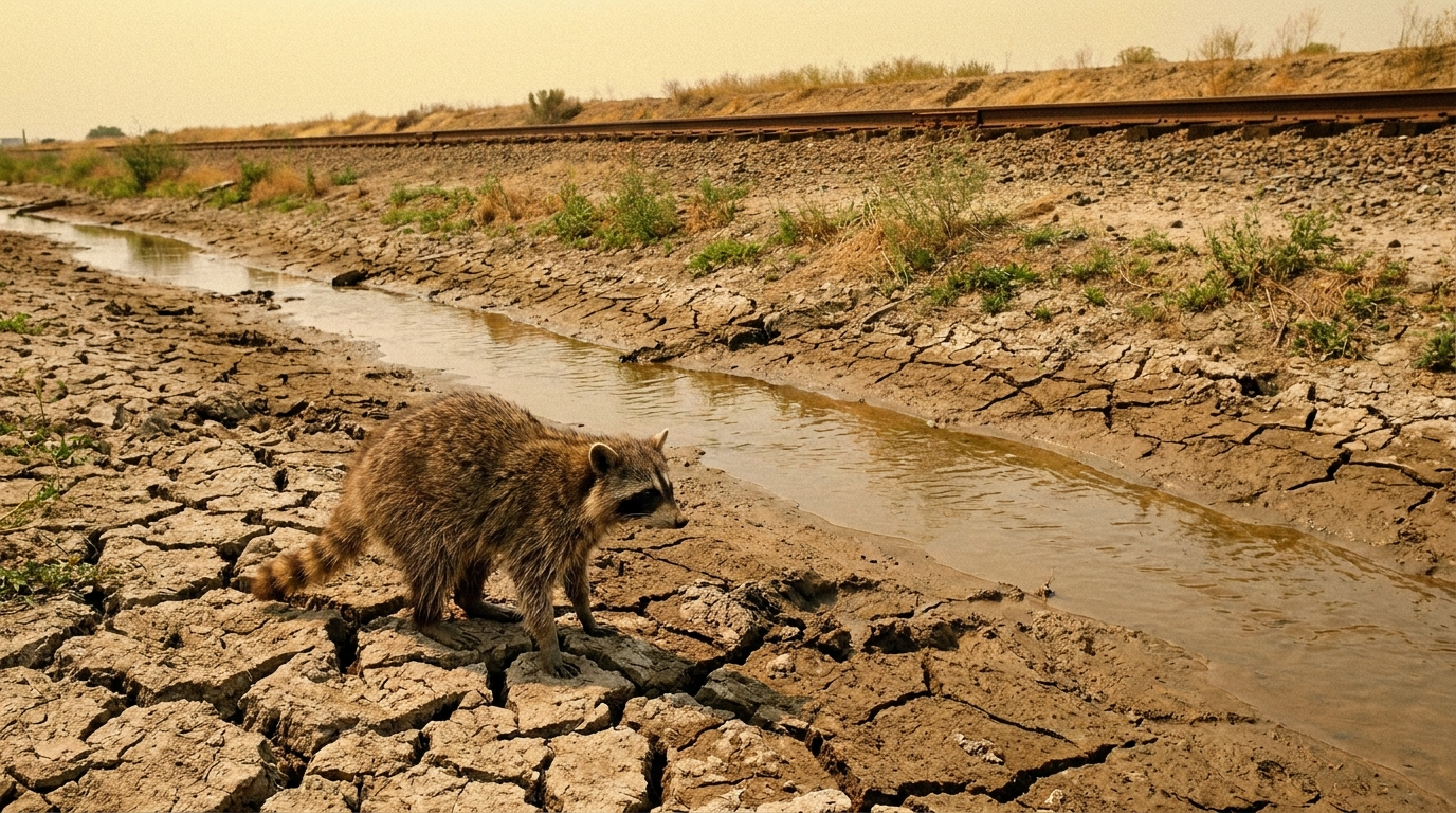 Niedrigwasser Güterverkehr Satire: Waschbär steht am ausgetrockneten Flussufer neben Gleisen und schaut auf den niedrigen Wasserstand