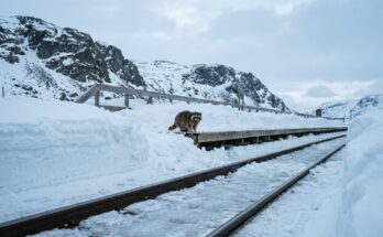 Waschbär steht auf einem verschneiten Bahnsteig in einer Berglandschaft