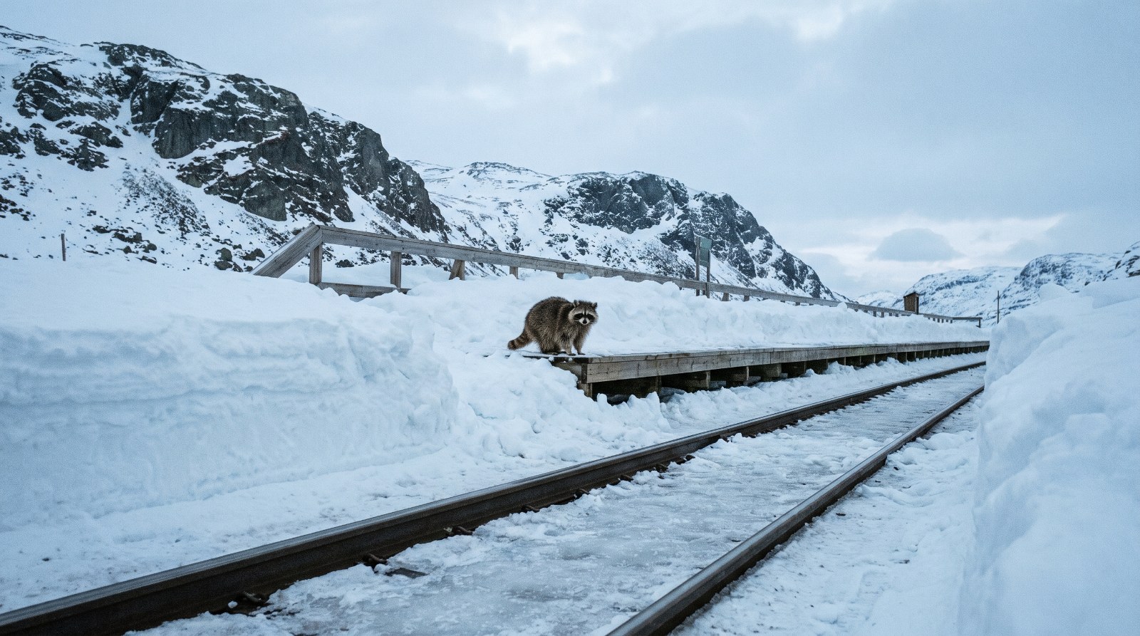 Waschbär steht auf einem verschneiten Bahnsteig in einer Berglandschaft