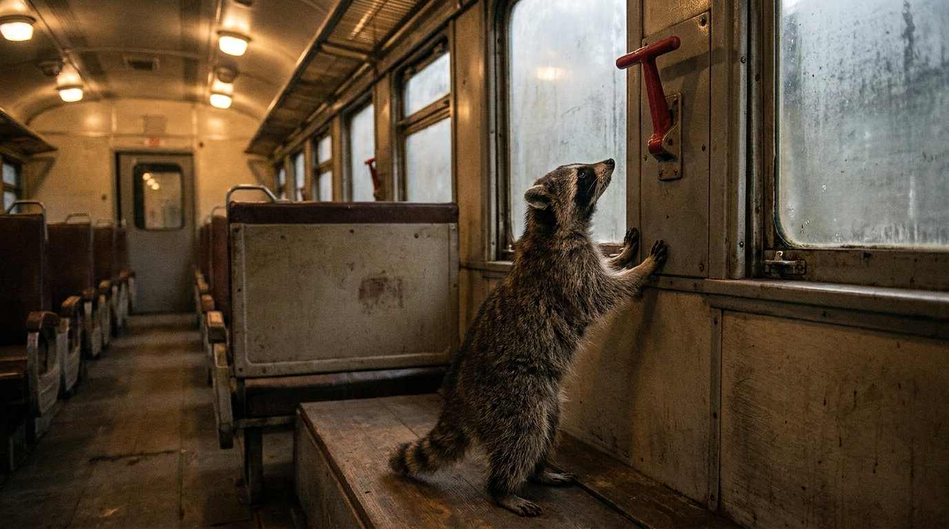 Notbremse Satire: Waschbär steht im Zugabteil vor einem roten Notbremsgriff an der Wand