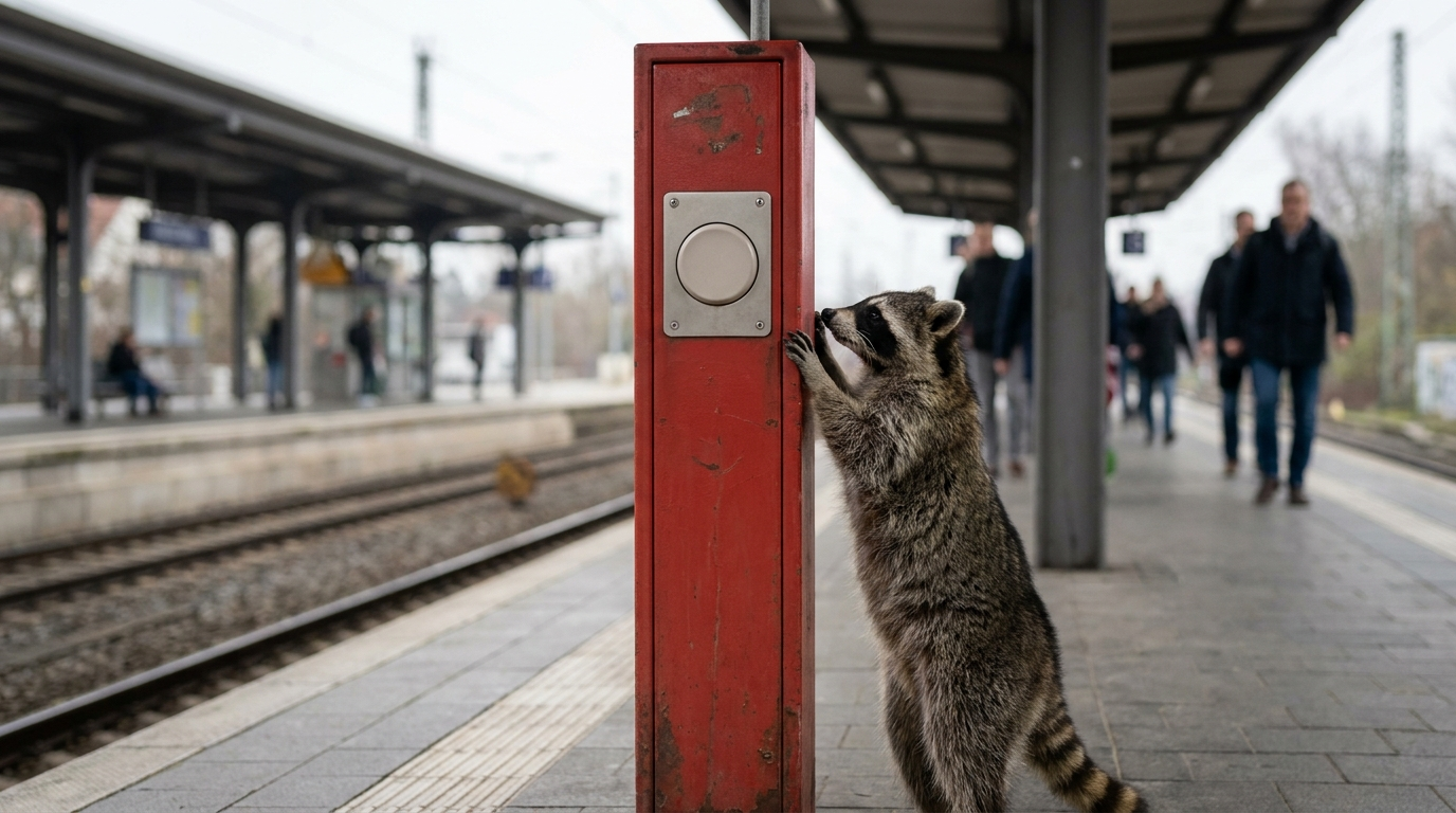Notrufsäule Satire: Waschbär steht neben einer Notrufsäule auf einem Bahnsteig