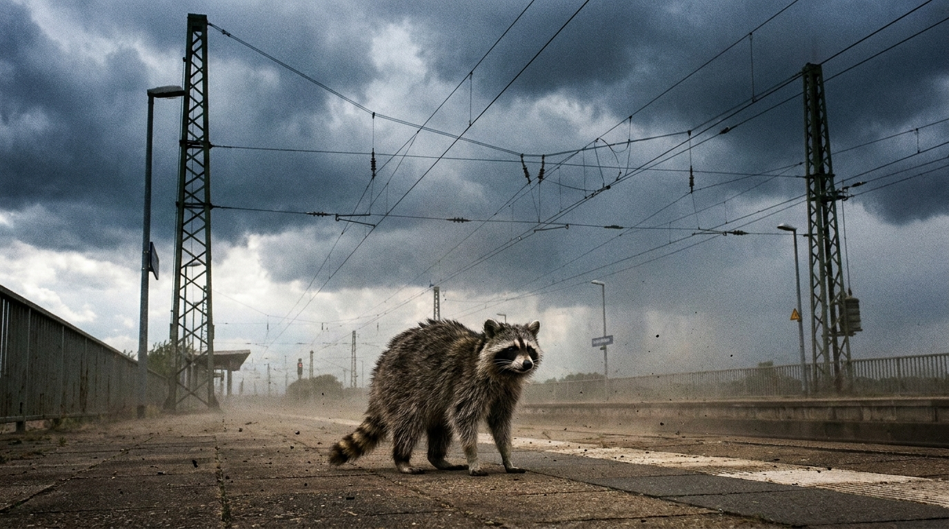 Oberleitung Wind Satire: Waschbär steht auf einem leeren Bahnsteig unter Oberleitungsmasten bei aufziehendem Wetter