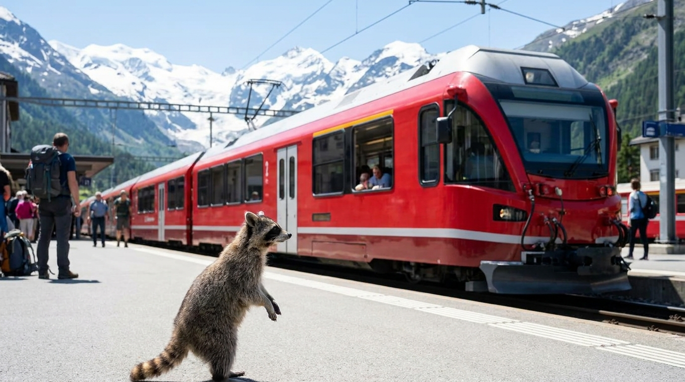 ÖBB Grenze Satire: Waschbär steht auf einem Bahnsteig vor einem roten Zug mit Bergpanorama im Hintergrund