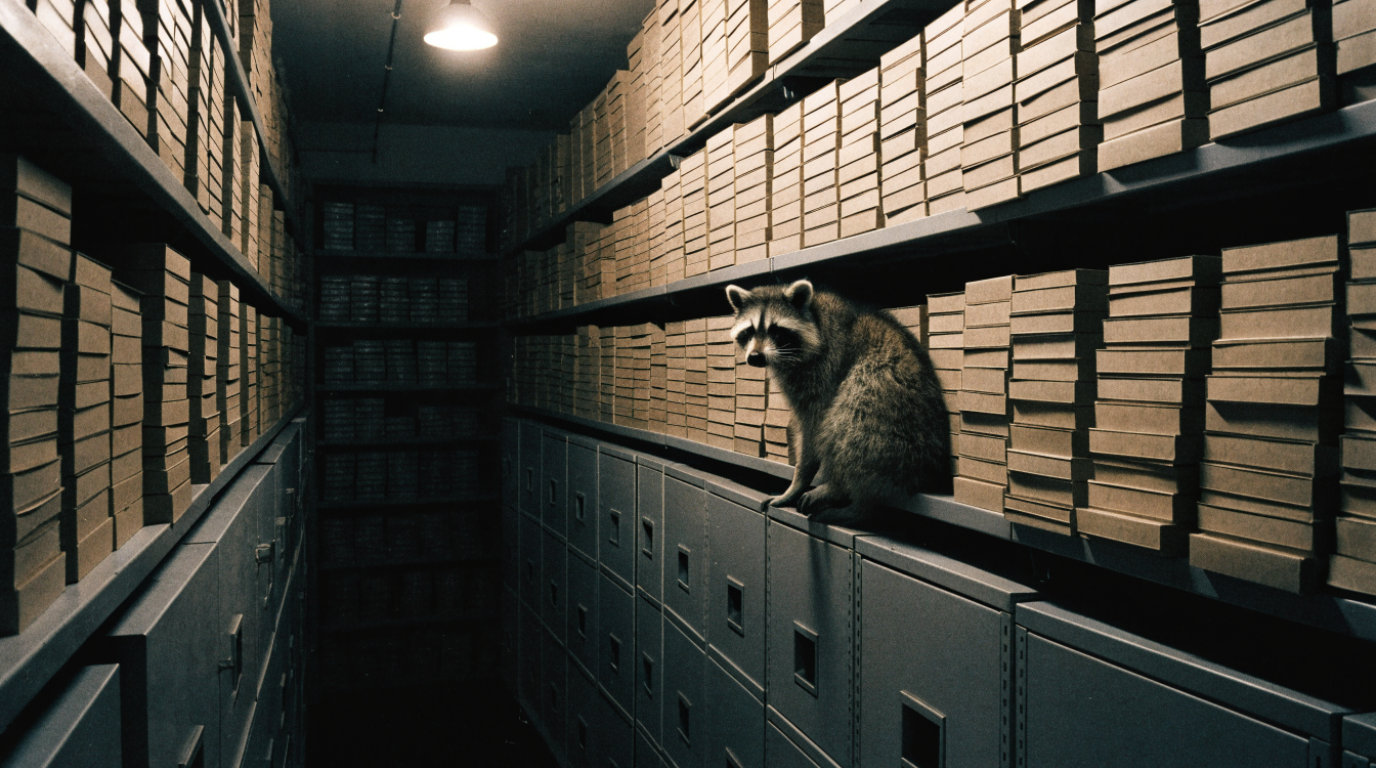 Open Data Freigabe Satire: Waschbär sitzt zwischen unbeschrifteten Archivkartons in einem langen Aktenraum