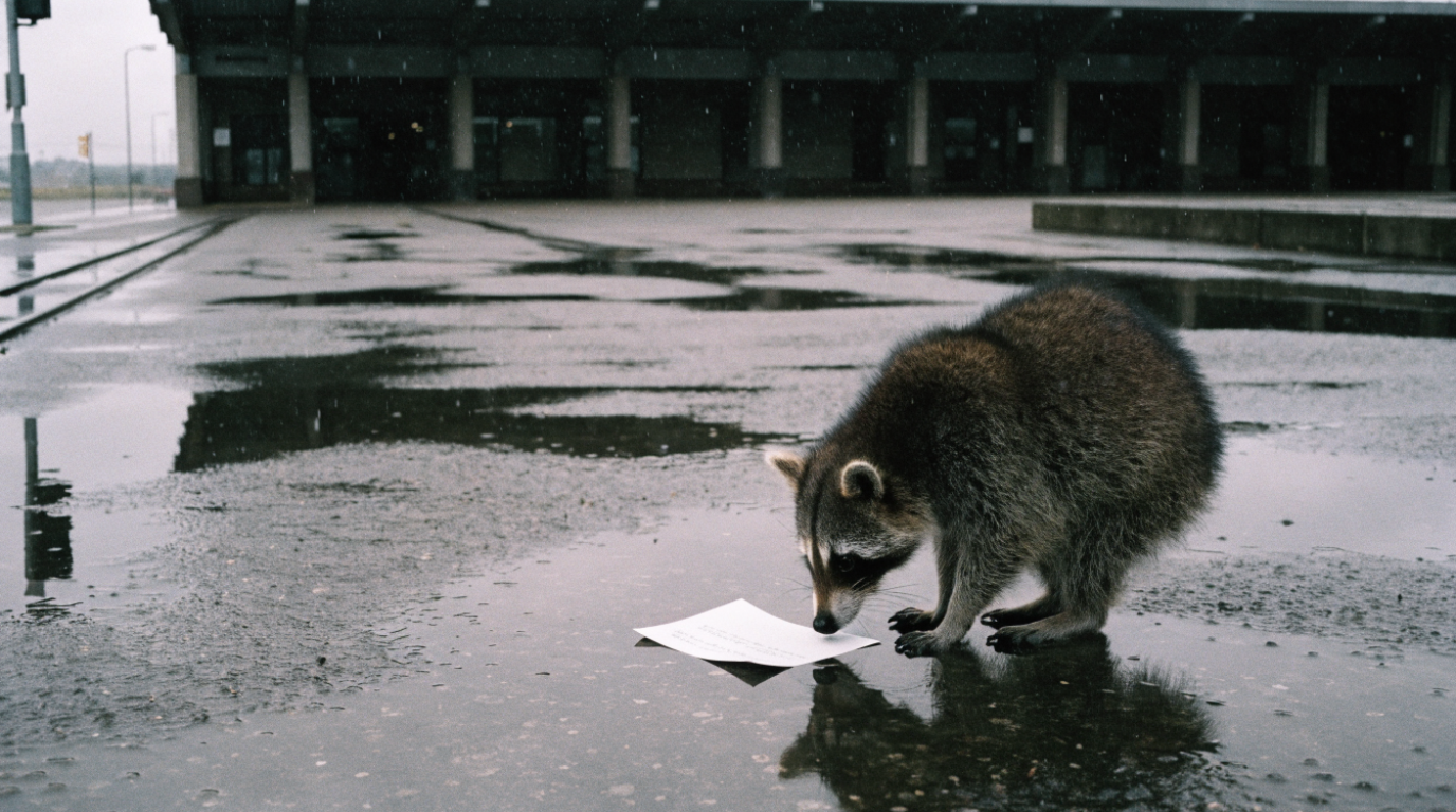 Originalfahrkarte Erstattung Satire: Waschbär beugt sich über eine einzelne Papierfahrkarte auf nassem Asphalt