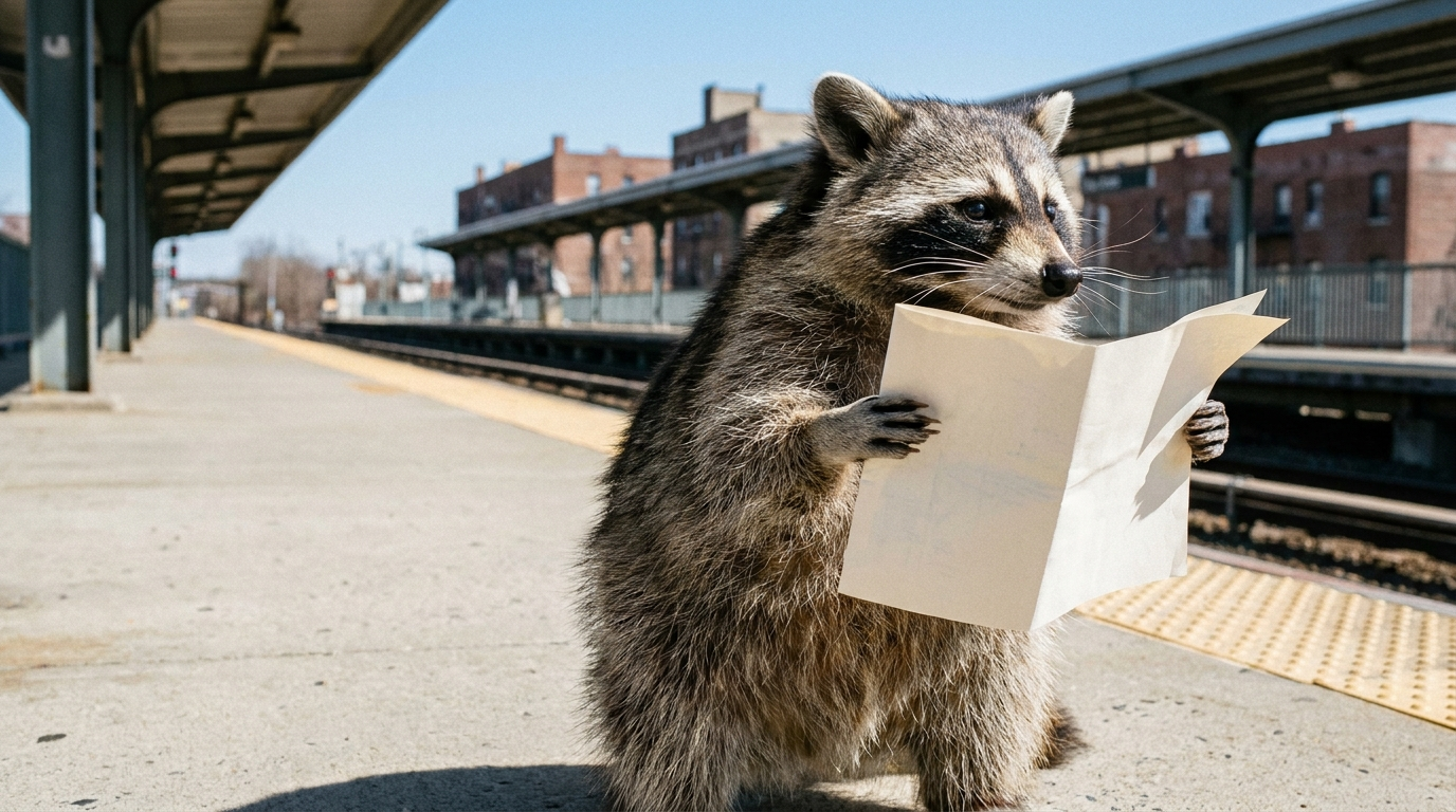 Papierfahrplan Satire: Waschbär hält am leeren Bahnsteig eine große gefaltete Papierkarte in den Pfoten