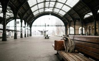 ICE Berlin Paris Satire: Waschbär sitzt mit einem kleinen Koffer auf einer Bank in einer großen Bahnhofshalle