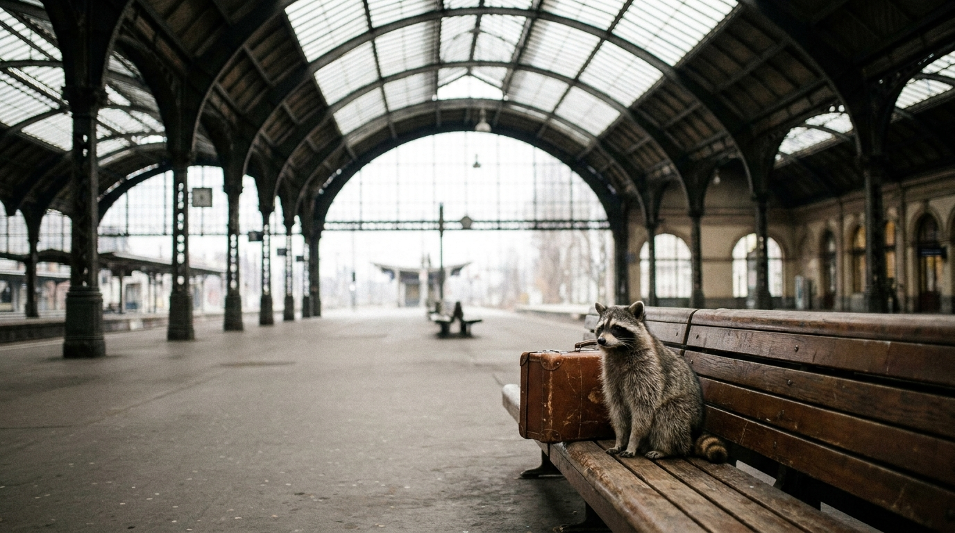 ICE Berlin Paris Satire: Waschbär sitzt mit einem kleinen Koffer auf einer Bank in einer großen Bahnhofshalle