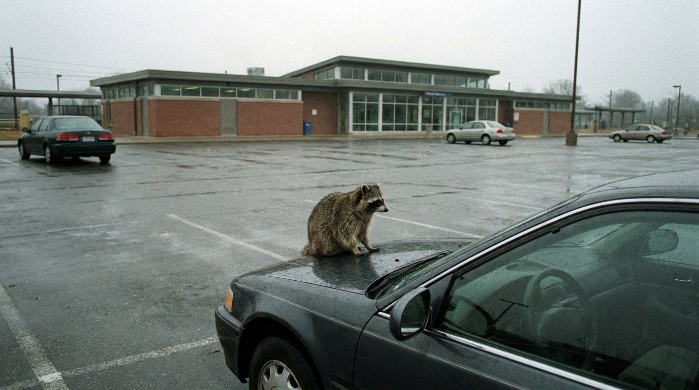 Park and Ride Satire: Waschbär sitzt auf der Motorhaube eines Autos auf einem leeren Parkplatz vor einem Bahnhof