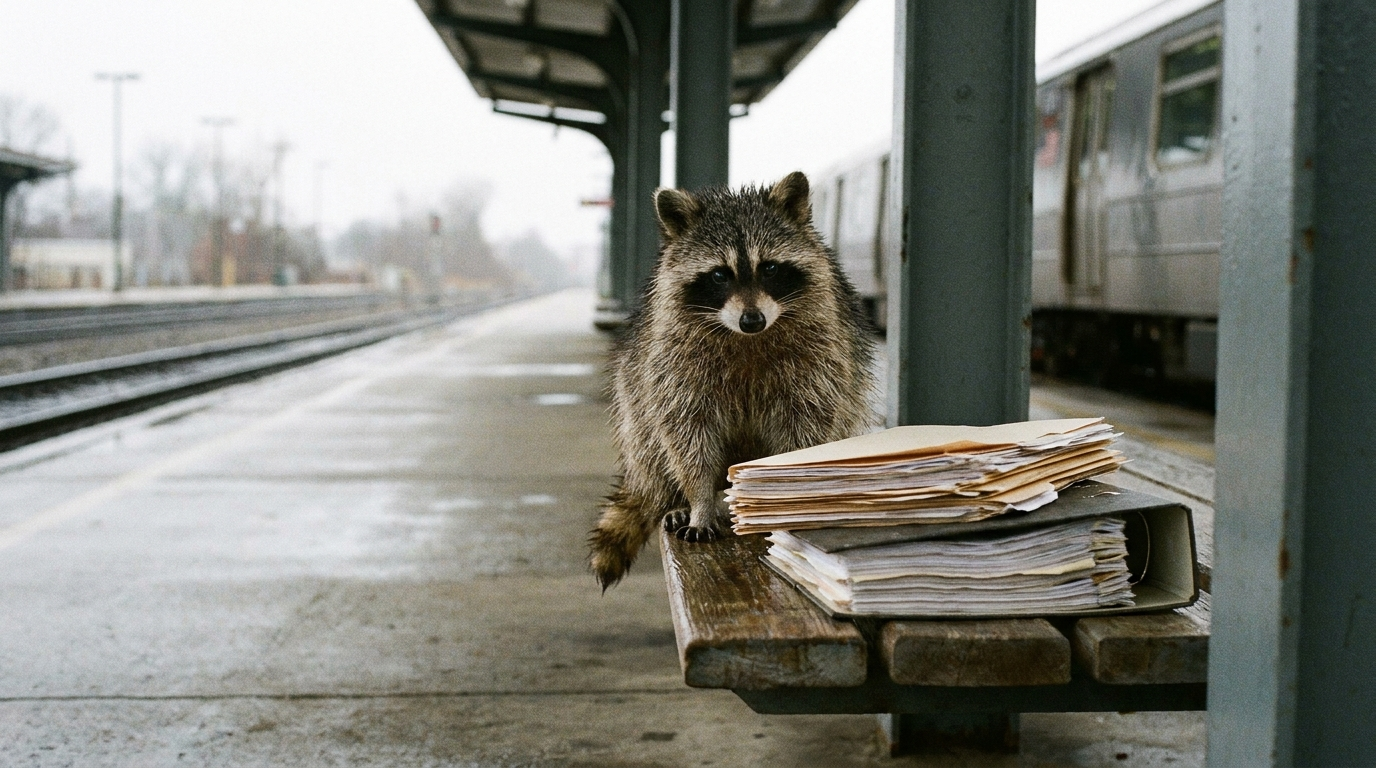 Pendlerpauschale Satire: Waschbär sitzt mit einem dicken Aktenordner auf einer Bahnsteigbank