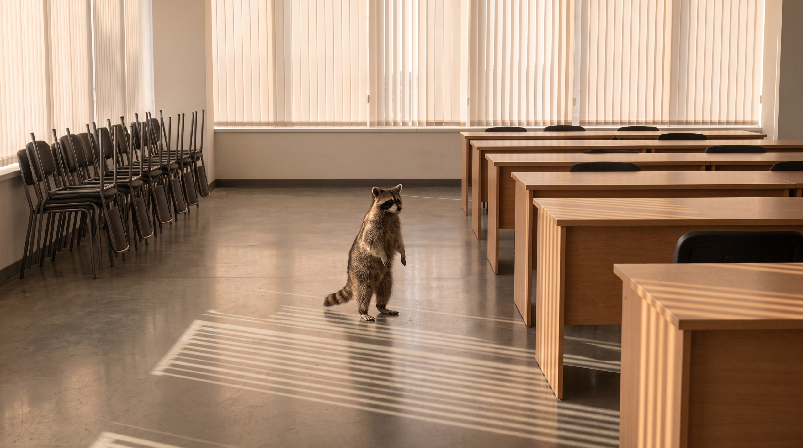Personalabbau Satire: Waschbär steht in einem leeren Großraumbüro mit abgeräumten Schreibtischen