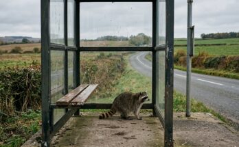 Waschbär sitzt in einem leeren Wartehäuschen an einem ländlichen Haltepunkt