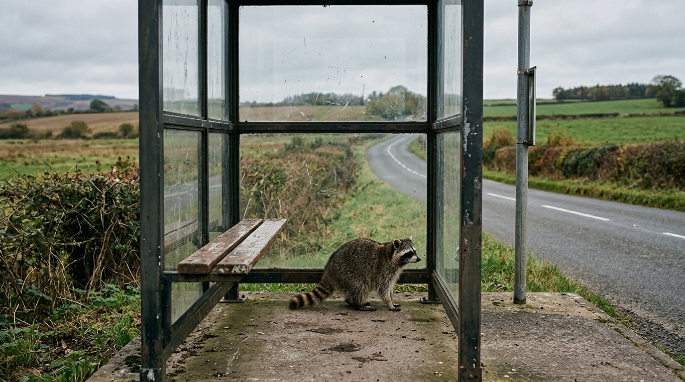 Pflegereform Satire: Waschbär sitzt in einem leeren Wartehäuschen an einem ländlichen Haltepunkt