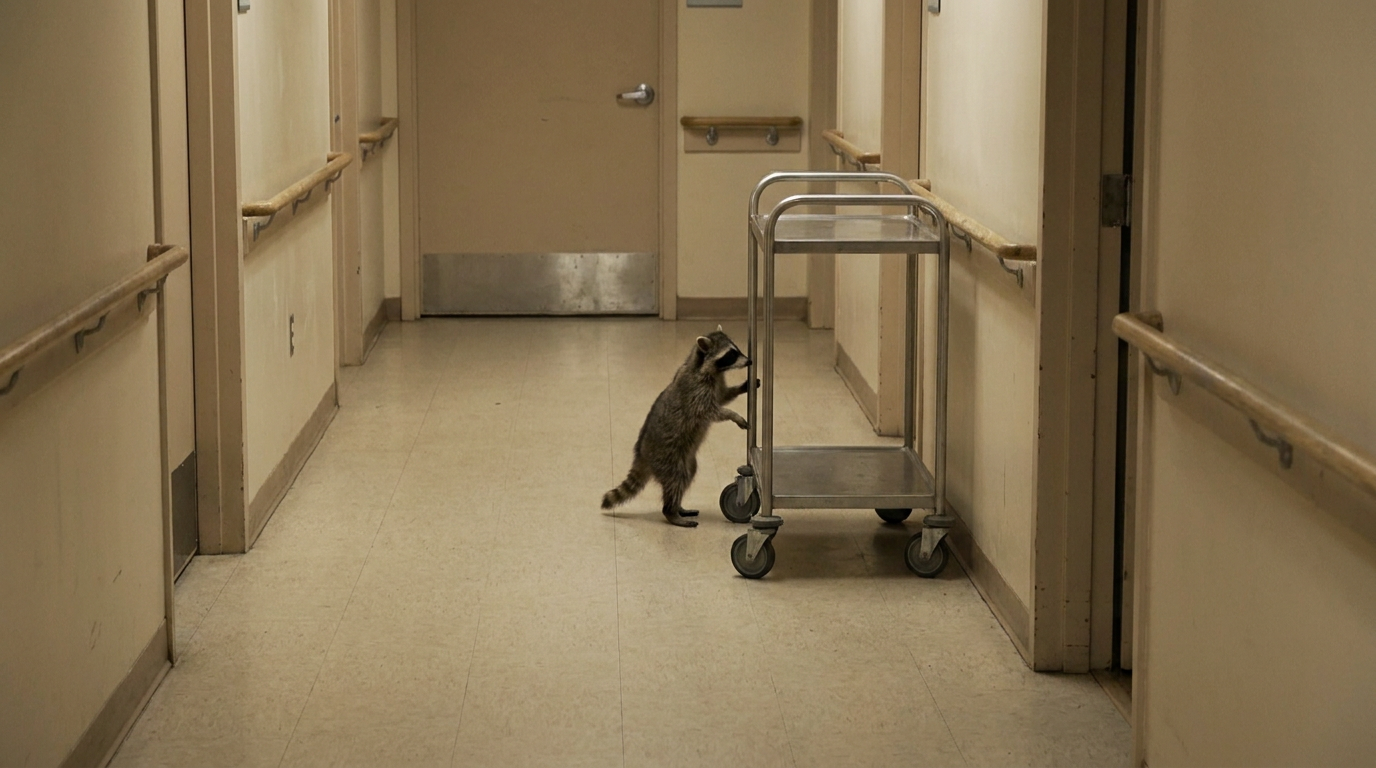 Pflegeschlüssel Satire: Waschbär steht in einem leeren Flur eines Pflegeheims neben einem Rollwagen