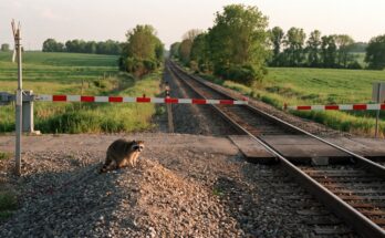 Waschbär steht an einem Bahnübergang vor einer schmalen eingleisigen Strecke im Grünen