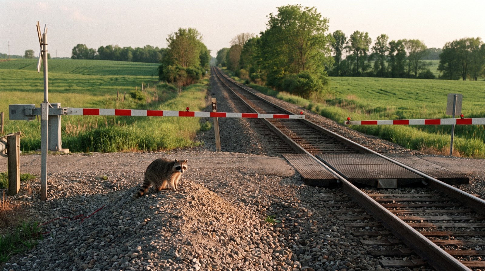 Waschbär steht an einem Bahnübergang vor einer schmalen eingleisigen Strecke im Grünen
