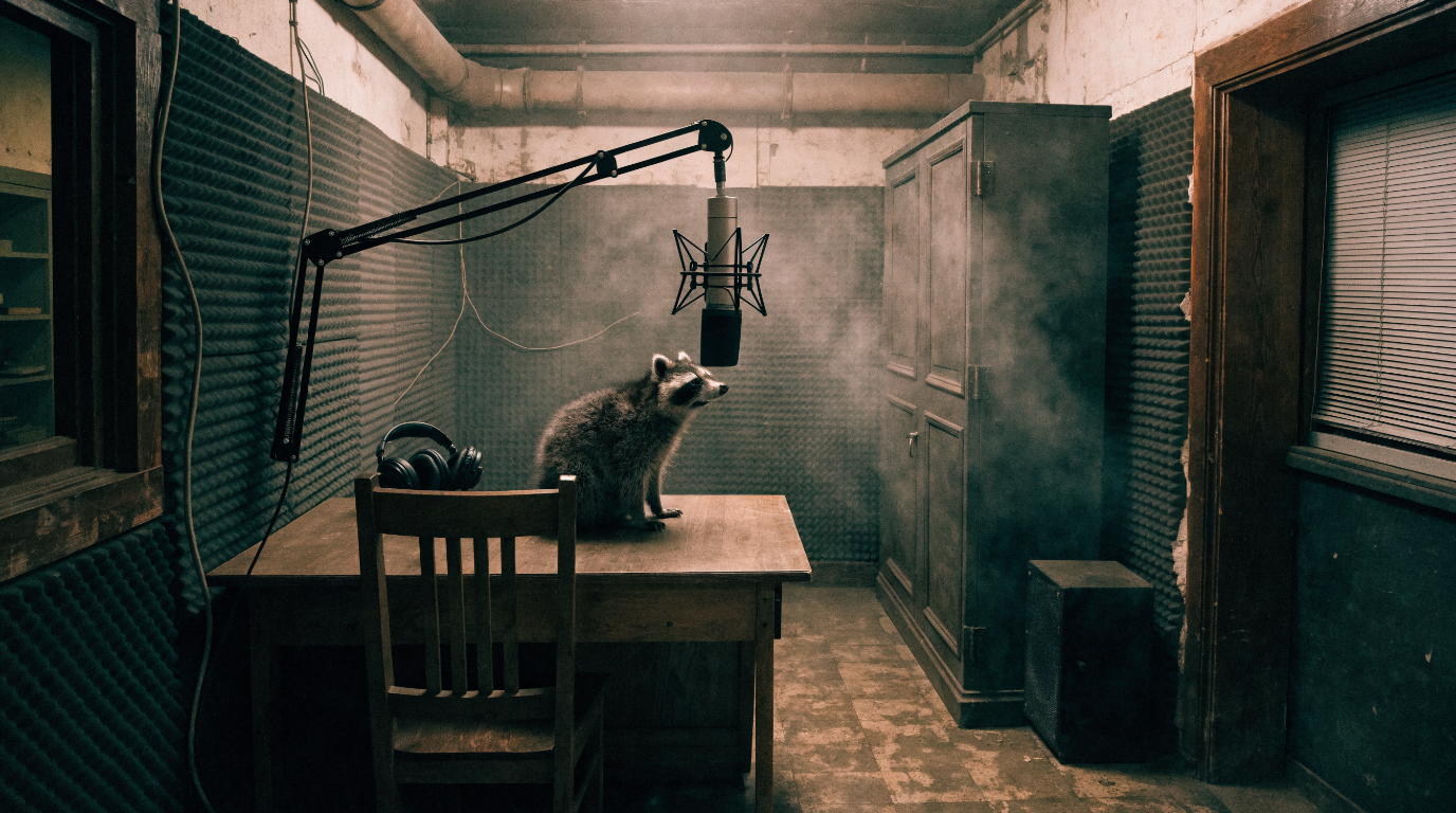Bahn Podcast Satire: Waschbär sitzt in einem improvisierten Tonstudio neben einem Studiomikrofon
