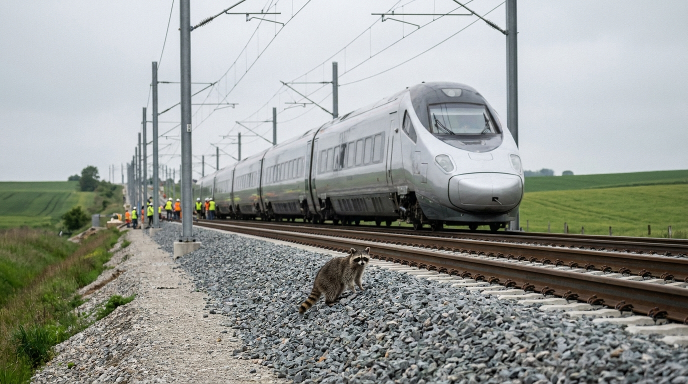 Polen Schnellstrecke Satire: Waschbär steht neben einem modernen Zug auf einer neu gebauten Strecke