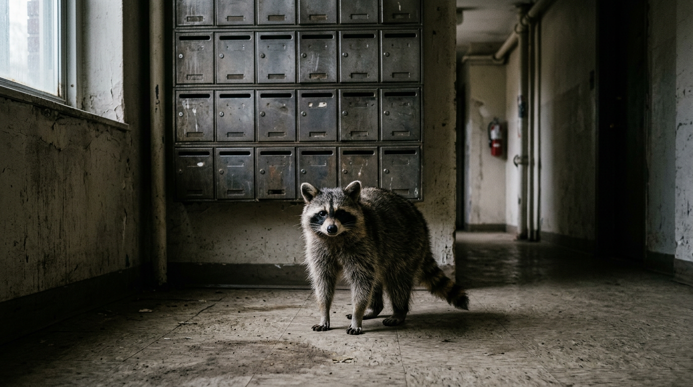 Post Satire: Waschbär steht vor einer Reihe alter Briefkästen in einem Hausflur