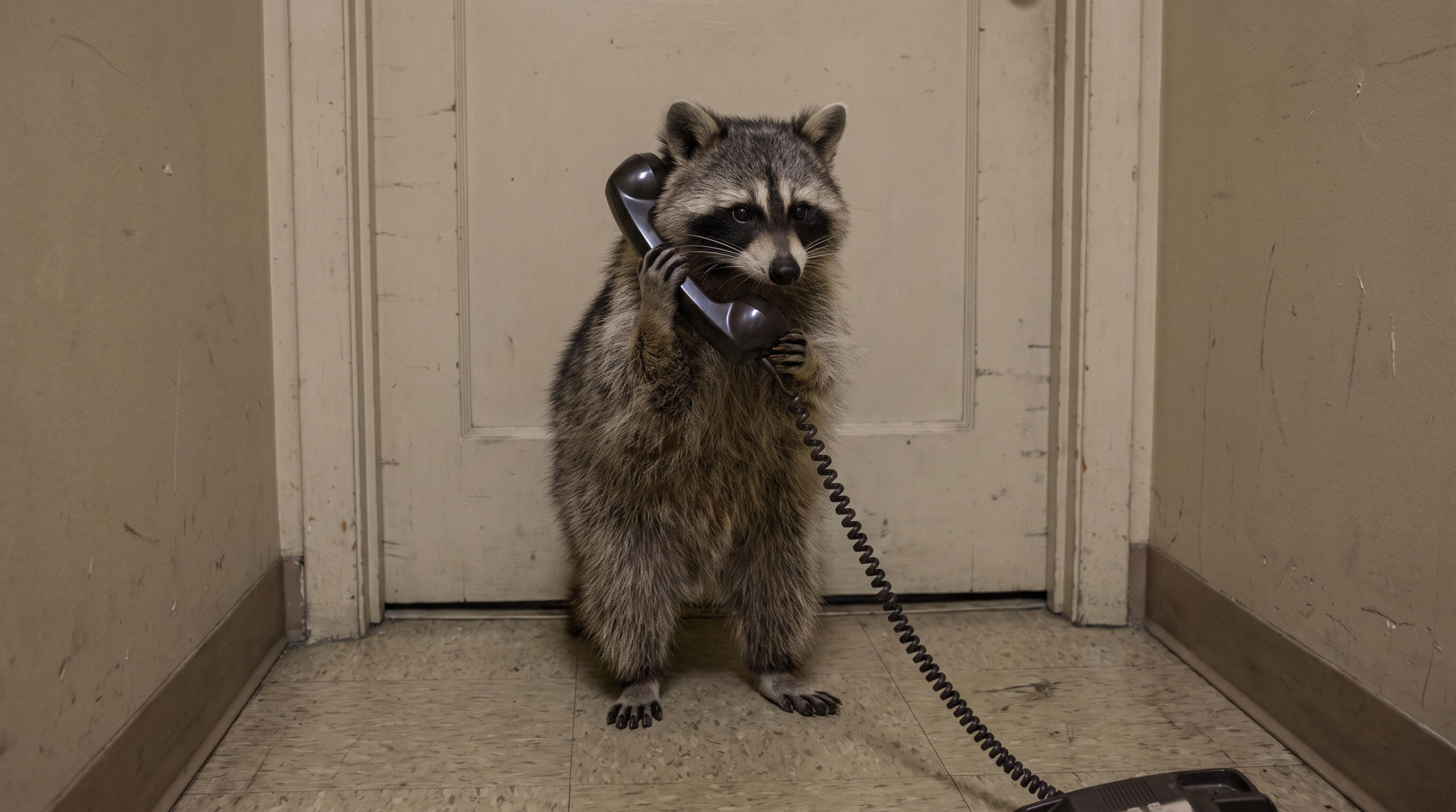 Pressestelle Satire: Waschbär steht mit einem Telefon vor einer geschlossenen Bürotür