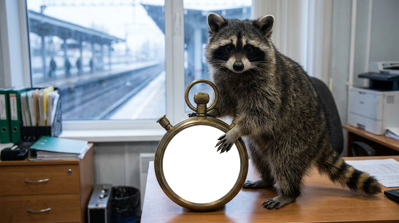 Pünktlichkeit Bahn Satire: Waschbär steht neben einer großen altmodischen Stoppuhr auf einem Tisch