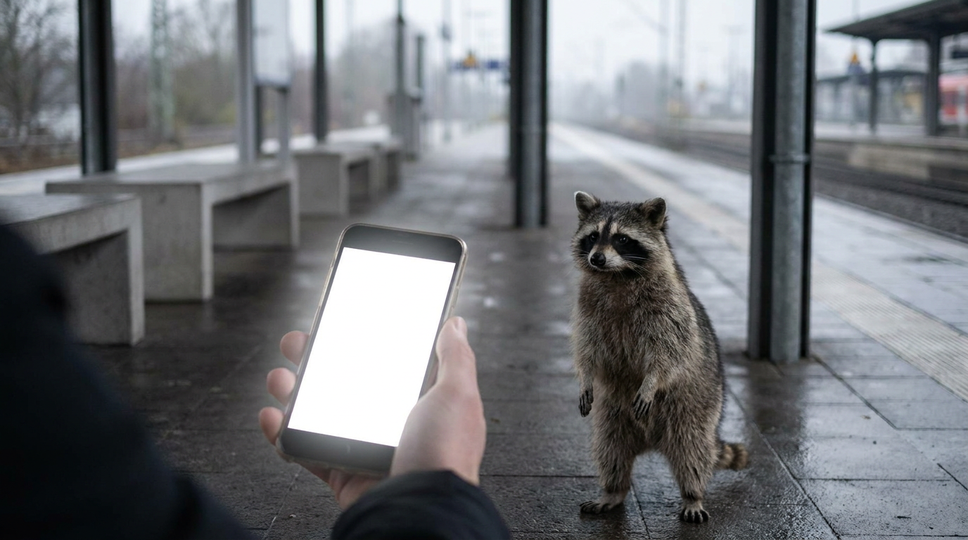 Push Satire: Waschbär steht mit einem Smartphone auf einem Bahnsteig