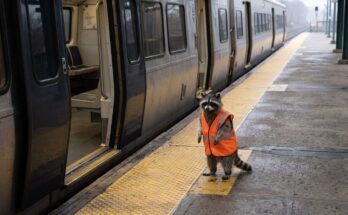 Waschbär steht mit einer Warnweste an einem Bahnsteig neben einem haltenden Regionalzug