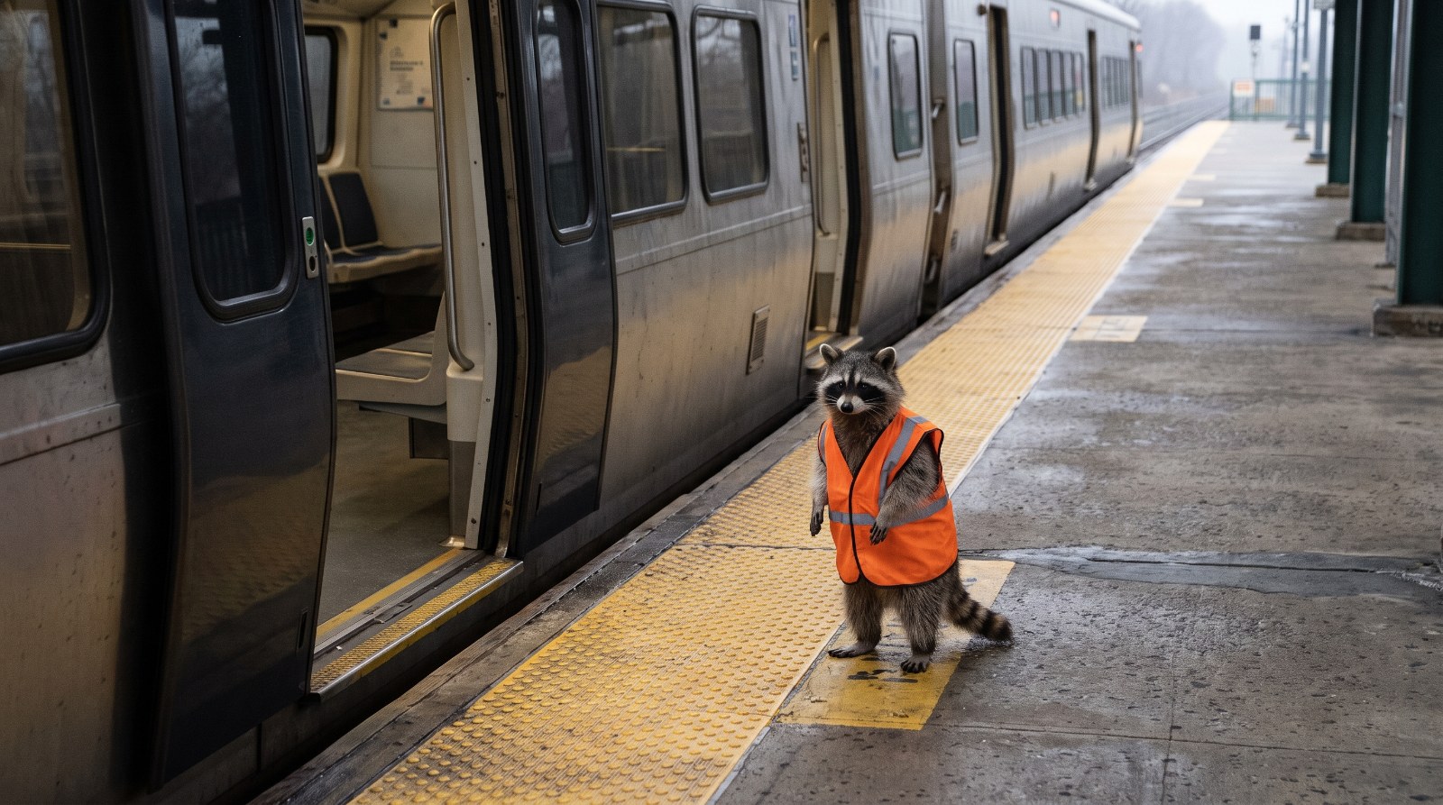Waschbär steht mit einer Warnweste an einem Bahnsteig neben einem haltenden Regionalzug