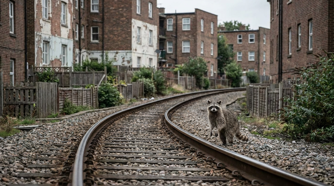 Quietschen Satire: Waschbär steht an einer engen Gleiskurve zwischen Wohnhäusern