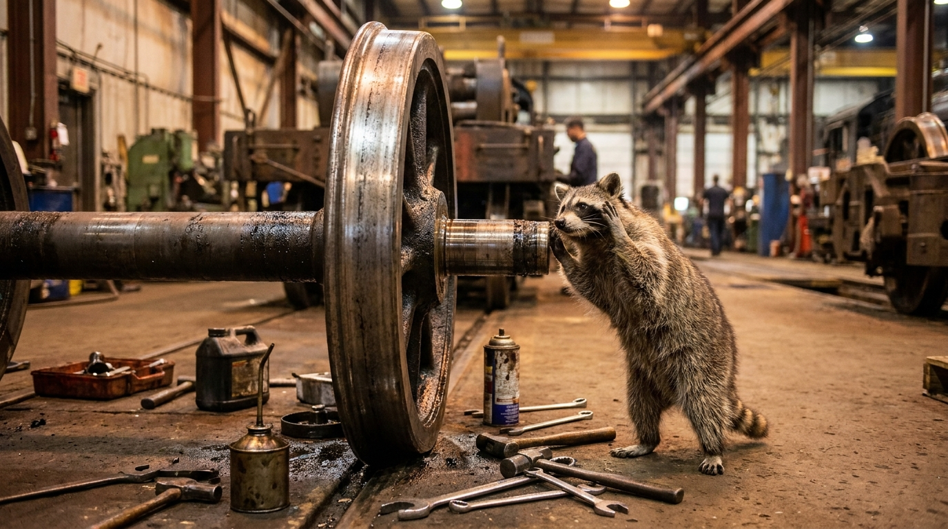 Radsatz Satire: Waschbär steht neben einem Zugrad in einer Werkstatthalle