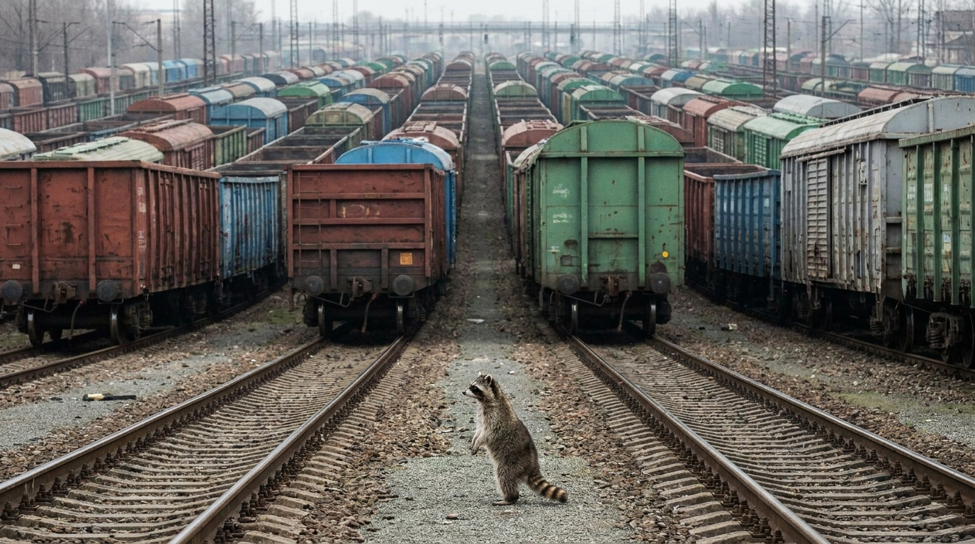 Rangierbahnhof Satire: Waschbär steht auf einem großen Gleisfeld mit Güterwagen