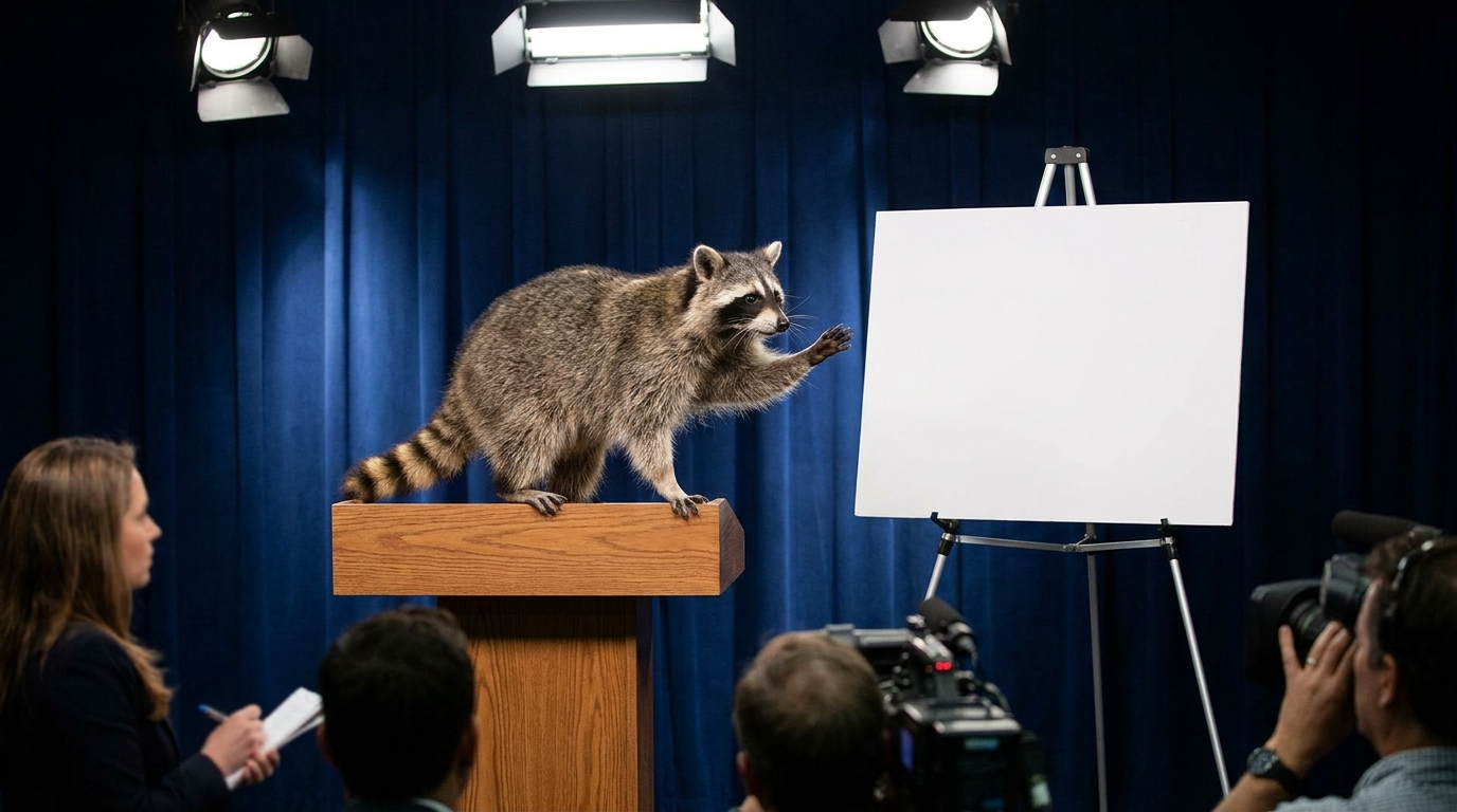 Reformtempo Satire: Waschbär steht bei einer Pressekonferenz neben einer leeren weißen Präsentationstafel