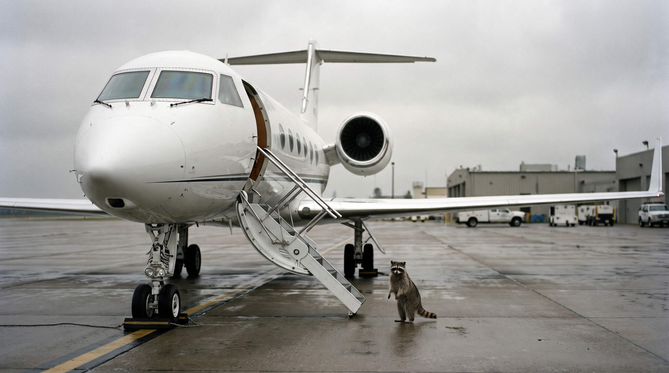 Flugzeug Satire: Waschbär steht auf einem Rollfeld neben einem kleinen Regierungsflugzeug