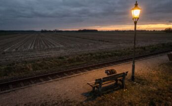 Waschbär steht auf einem verlassenen Regionalbahnsteig im flachen Land bei Abendlicht