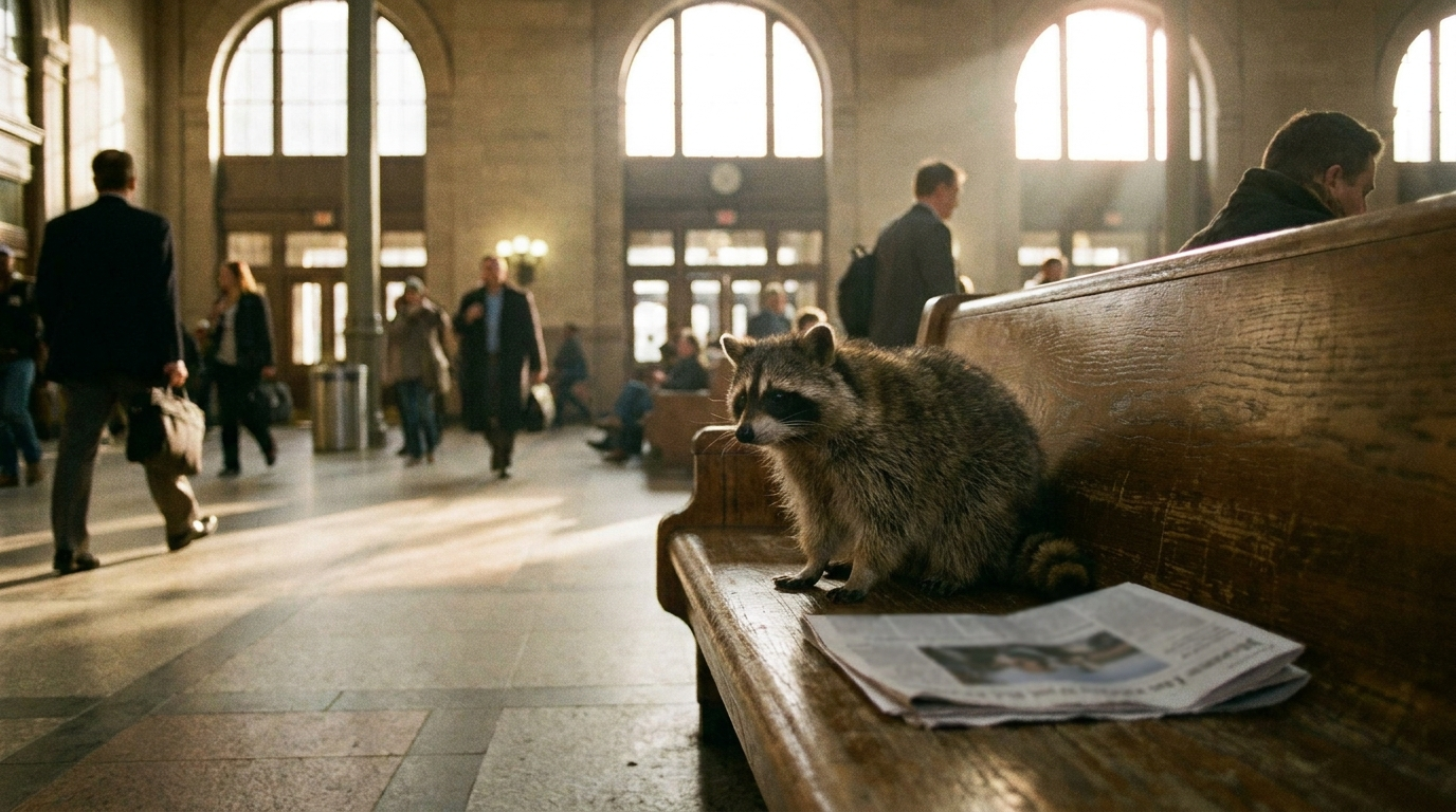 Rente Satire: Waschbär sitzt mit einer zusammengefalteten Zeitung auf einer Bank in einer Bahnhofshalle
