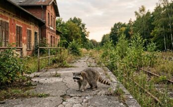 Waschbär steht auf dem Bahnsteig eines stillgelegten Landbahnhofs, das Gleis ist überwachsen